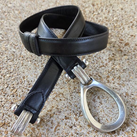 Y2K Black Leather Slide Belt Sculptural Silver Buckle Size Small main image 6